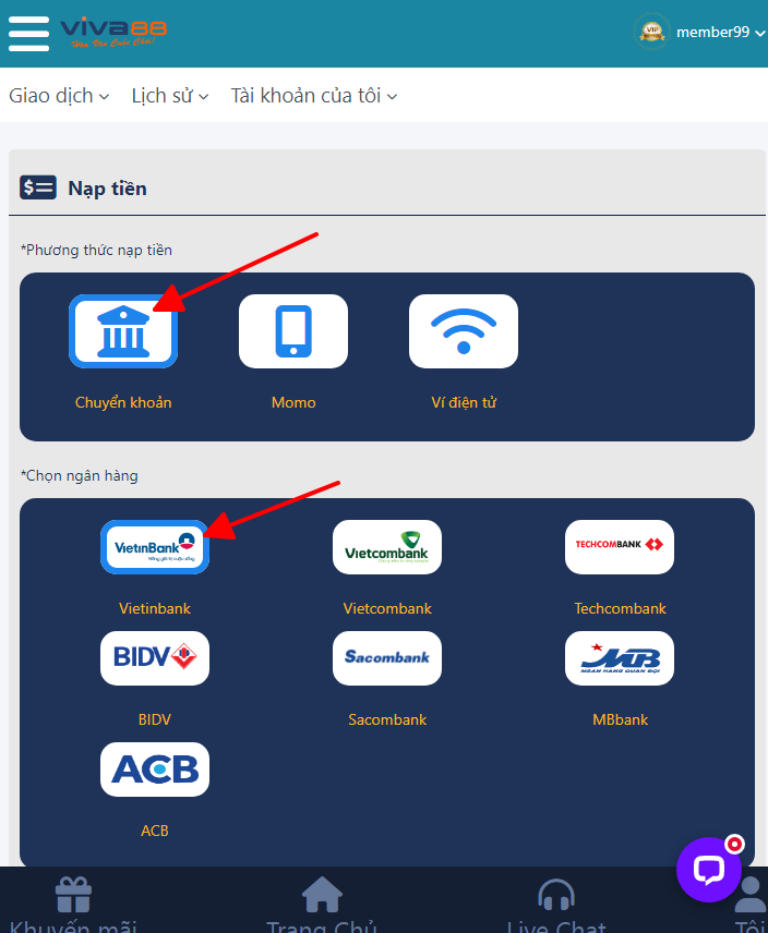 Hướng dẫn Cách nạp tiền viva88 dễ dàng và nhanh chóng - bước 2