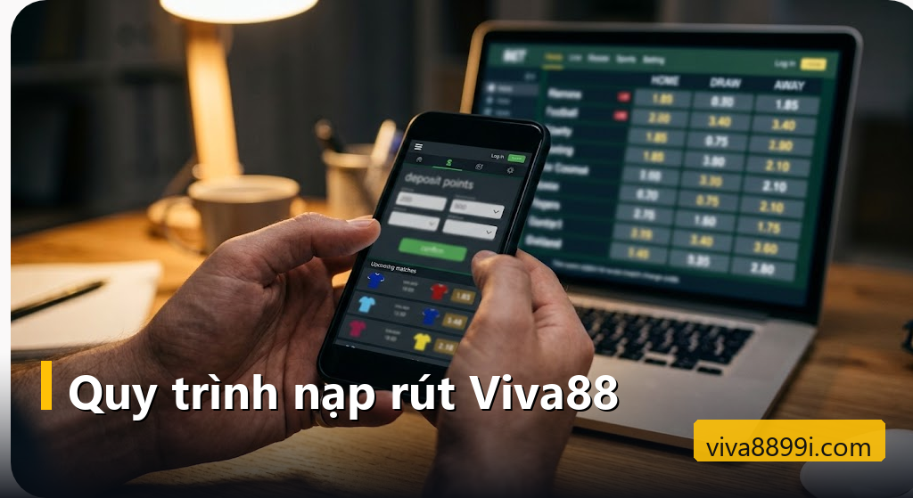 Nạp rút Viva88 từ A đến Z: hạn mức, mốc 12 giờ trưa và cách để lệnh không bị treo 1 Tay cầm điện thoại mở form nạp điểm, laptop phía sau hiện bảng kèo bóng đá