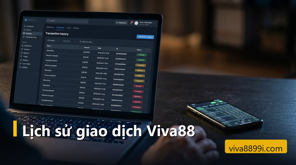 Lịch sử cược Viva88: tra phiếu, đọc lệnh nạp rút và đối chiếu điểm giữa các sảnh 1 Màn hình máy tính hiển thị bảng lịch sử giao dịch với các nhãn trạng thái màu