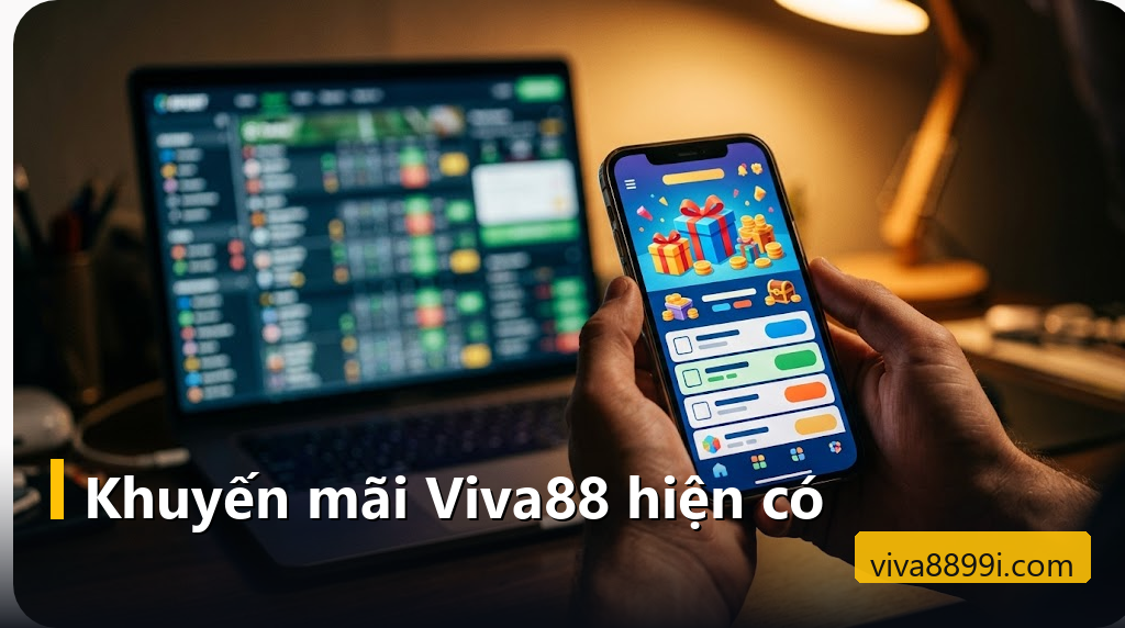Khuyến mãi Viva88: cách tính vòng cược, thua ròng và hạn nhận để không mất thưởng 37 Điện thoại mở trang ưu đãi khuyến mãi Viva88 cạnh bảng kèo bóng đá trên laptop
