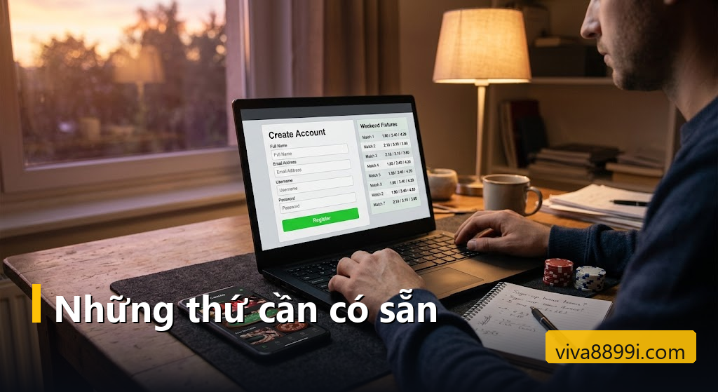 Bàn làm việc với laptop mở trang đăng ký cá cược và điện thoại hiện sảnh casino