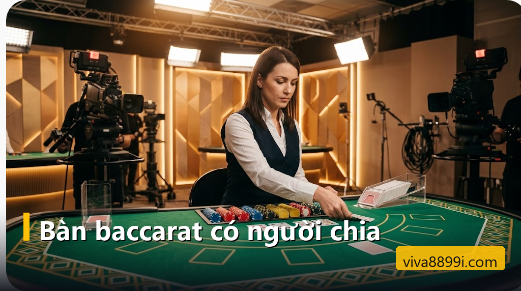 Người chia bài thật đang rút bài trên bàn baccarat trong phòng thu casino trực tiếp