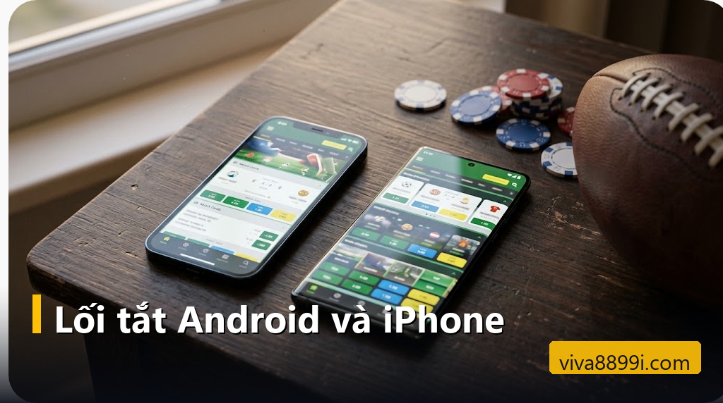 App Viva88 trên điện thoại: có cần cài không, cách tạo lối tắt an toàn và xử lý lỗi thường gặp 3 Hai điện thoại Android và iPhone đặt cạnh nhau cùng mở giao diện cá cược bóng đá