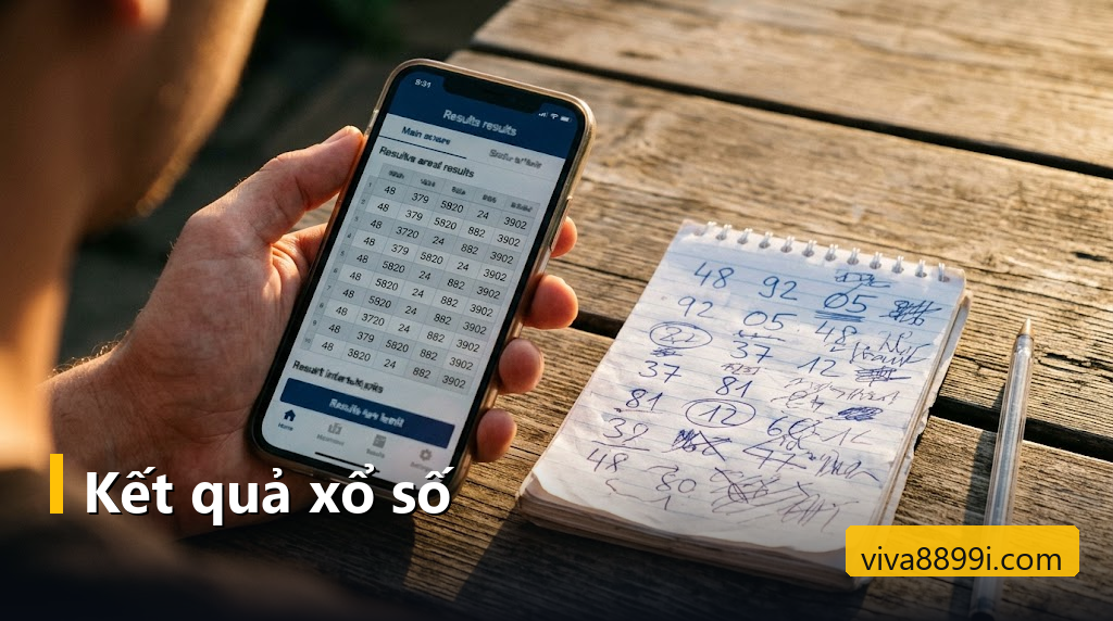 Tay cầm điện thoại xem bảng kết quả xổ số cạnh sổ ghi các cặp số