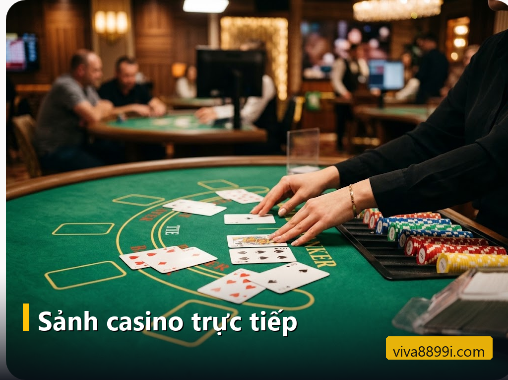 Viva88 là gì? Toàn cảnh Viva8899 từ đăng ký, sảnh cược đến nạp rút 3 Bàn baccarat nỉ xanh, người chia bài lật lá bài cạnh khay chip nhiều màu