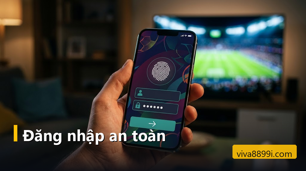 App Viva88 trên điện thoại: có cần cài không, cách tạo lối tắt an toàn và xử lý lỗi thường gặp 4 Màn hình đăng nhập tài khoản cược trên điện thoại, phía sau là trận bóng đá trên tivi