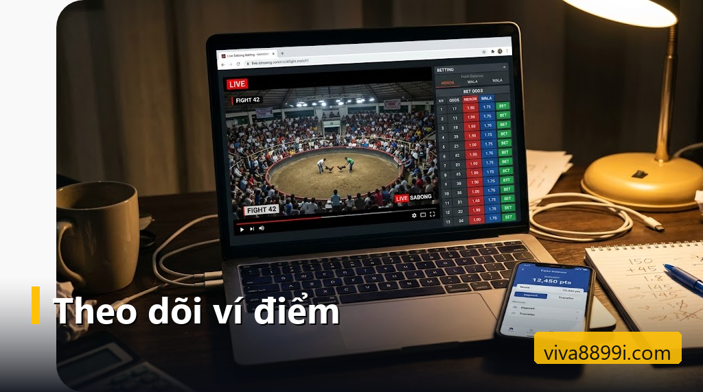 Laptop phát trực tiếp đá gà cạnh điện thoại hiển thị ví điểm và sổ tay ghi chép