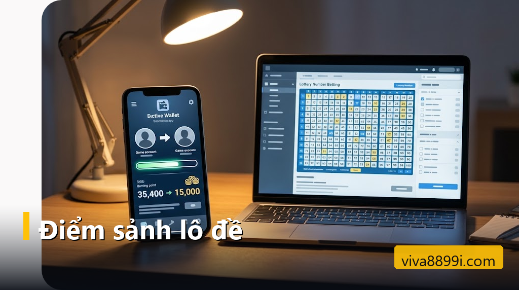 Điện thoại hiện số điểm chuyển giữa hai tài khoản game cạnh laptop mở bảng số