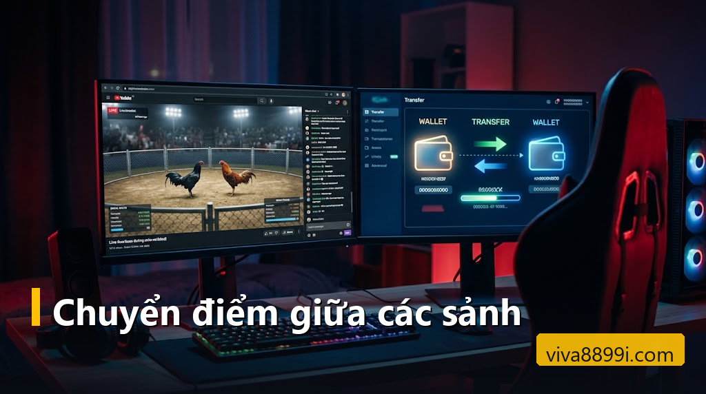 Lịch sử cược Viva88: tra phiếu, đọc lệnh nạp rút và đối chiếu điểm giữa các sảnh 4 Hai màn hình, một bên phát trực tiếp trận gà, một bên là bảng chuyển điểm giữa ví