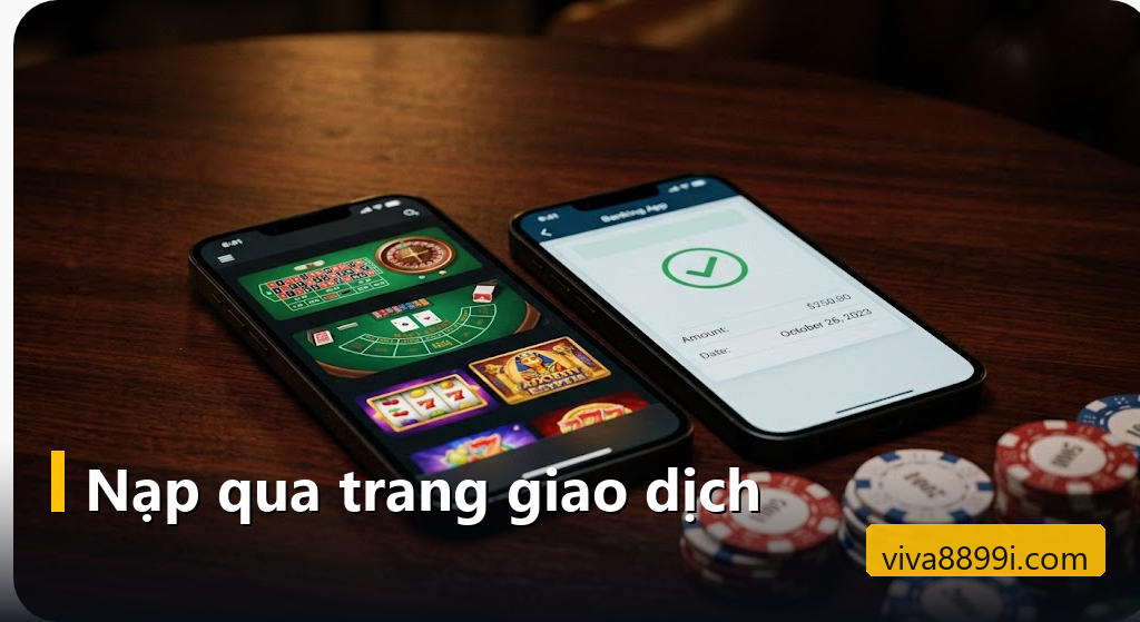 Điện thoại hiện sảnh casino trực tuyến bên cạnh màn hình xác nhận chuyển khoản