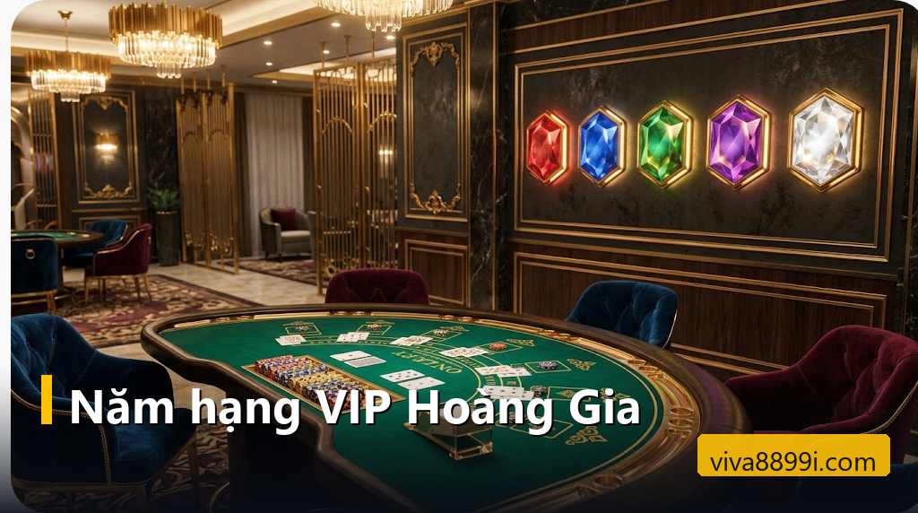 Khuyến mãi Viva88: cách tính vòng cược, thua ròng và hạn nhận để không mất thưởng 5 Sảnh casino sang trọng với bàn baccarat, chip cược và năm huy hiệu hạng VIP