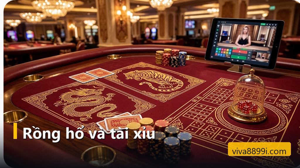 Bàn rồng hổ và hộp lắc tài xỉu với ba viên xúc xắc đỏ cùng chồng chip