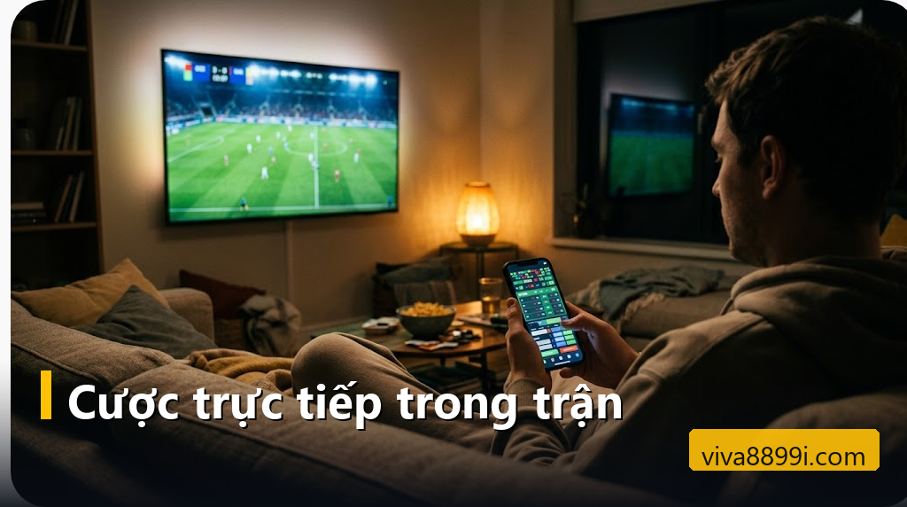 Người xem trận bóng trực tiếp trên tivi và đặt kèo trong trận bằng điện thoại