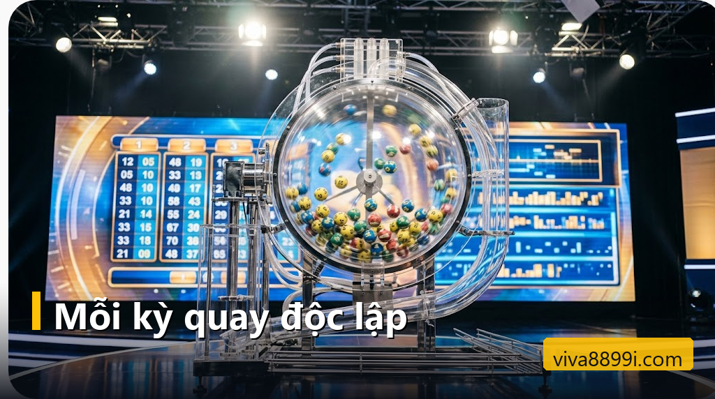 Lồng cầu quay số với bóng số trước màn hình bảng kết quả xổ số