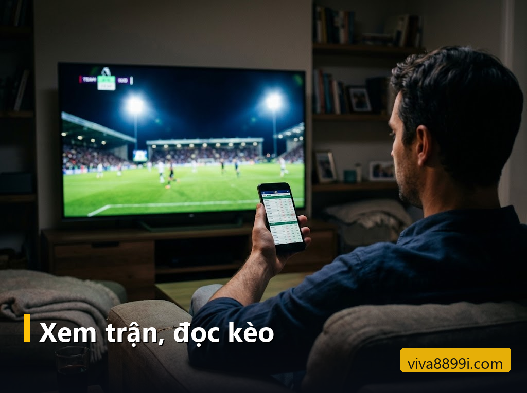 Viva88 là gì? Toàn cảnh Viva8899 từ đăng ký, sảnh cược đến nạp rút 5 Người đàn ông xem trận bóng trên tivi, tay cầm điện thoại mở bảng kèo Viva88