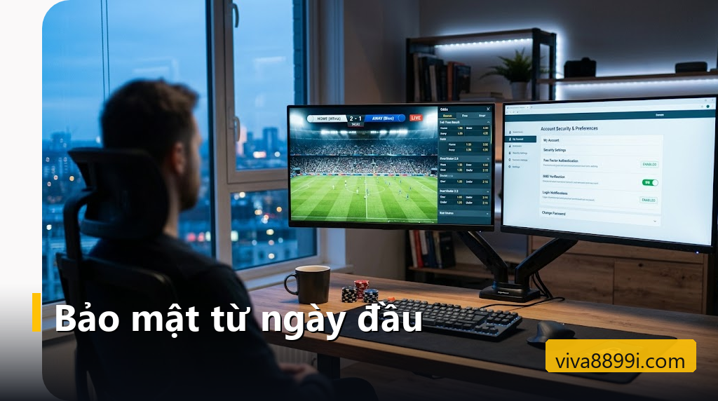 Hai màn hình hiển thị trận bóng trực tiếp và trang cài đặt bảo mật tài khoản cược