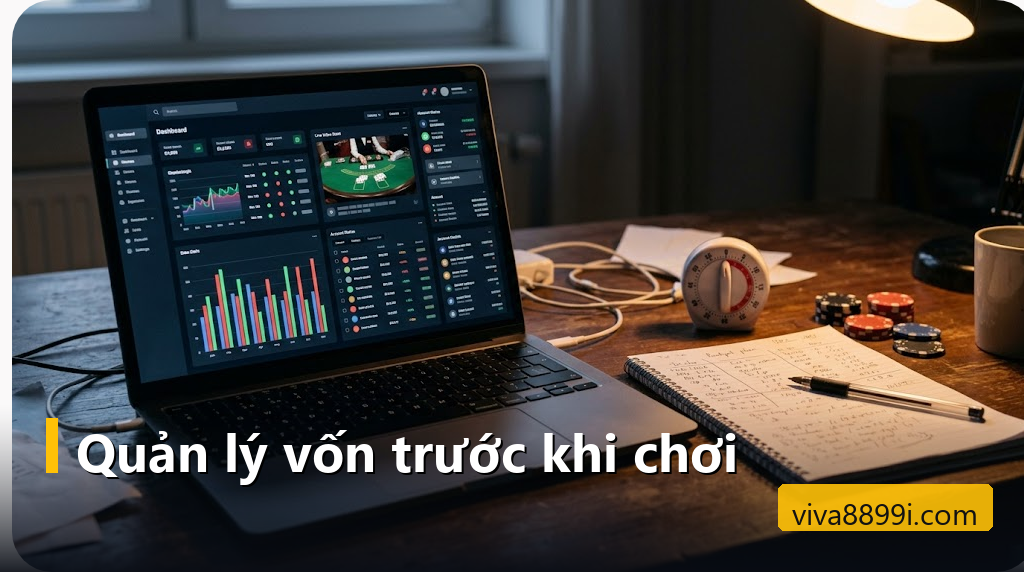 Laptop mở tài khoản casino cạnh sổ ghi ngân sách, đồng hồ hẹn giờ và chip cược