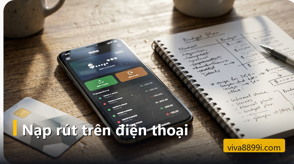 App Viva88 trên điện thoại: có cần cài không, cách tạo lối tắt an toàn và xử lý lỗi thường gặp 6 Điện thoại mở trang ví với nút nạp rút và lịch sử giao dịch bên cạnh thẻ ngân hàng