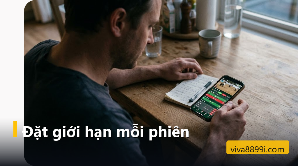 Người chơi xem lịch sử kết quả đá gà trên điện thoại bên cạnh sổ ghi giới hạn